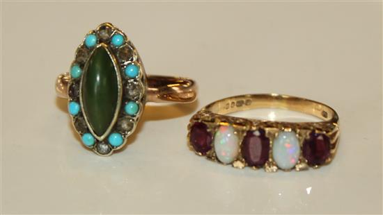 2 x 9ct gold gem set rings incl. opal